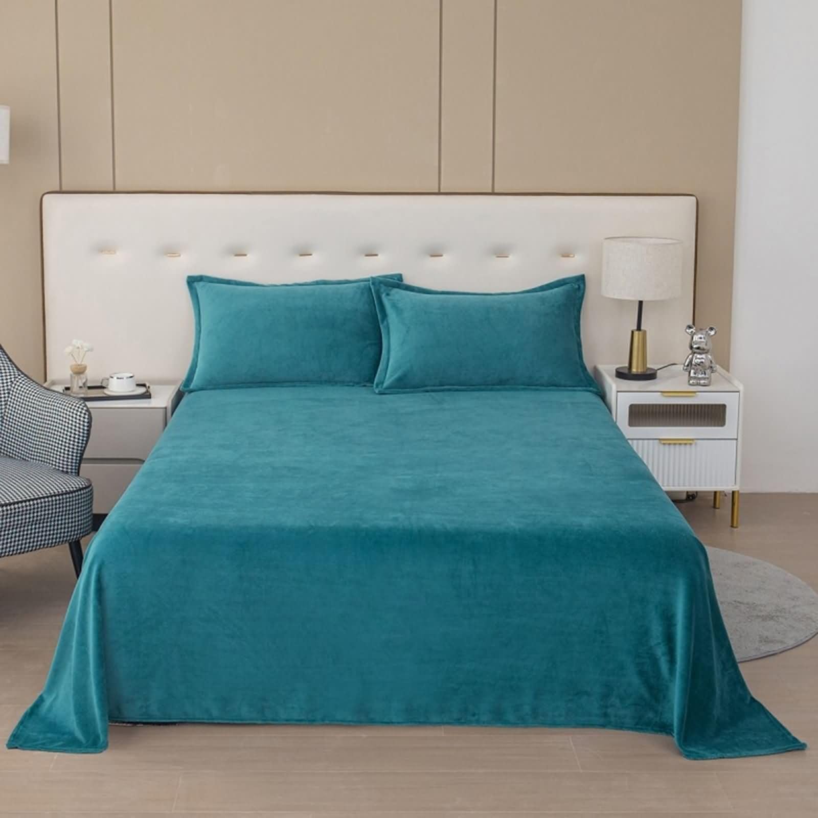 Drap plat pour lit 150x230 en velours vert paon uni pour matelas 2 personnes