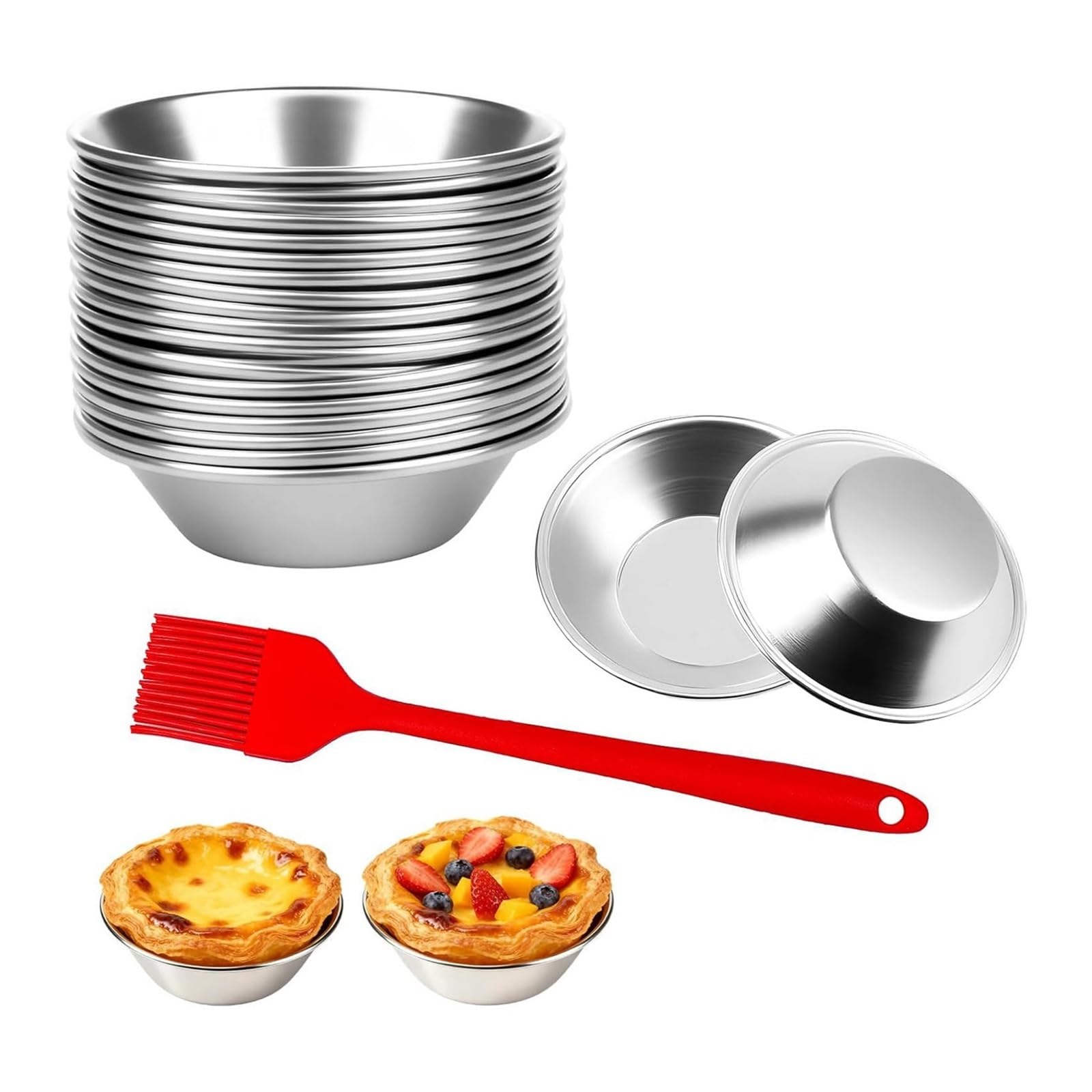 Lot de 60 moules à tarte réutilisables en aluminium anti-adhésif avec brosse à badigeonner en silicone pour tartes aux œufs, puddings et mini desserts