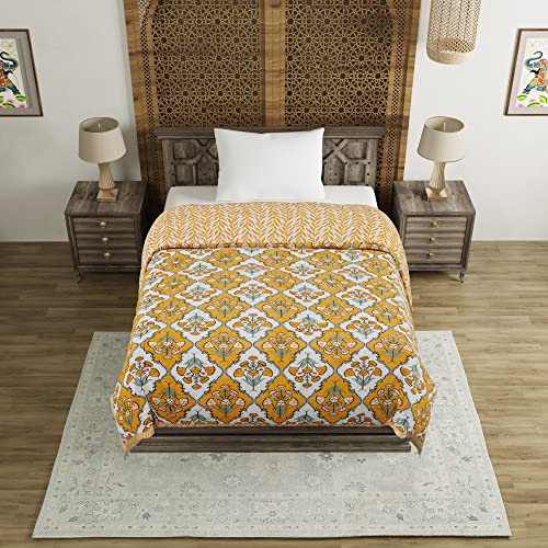 Image of BLOCKS OF INDIA Cotton Single Size Quilt Hand Block Print for Light Winters (60x90 Inches) (Yellow Flower)| TC - 300