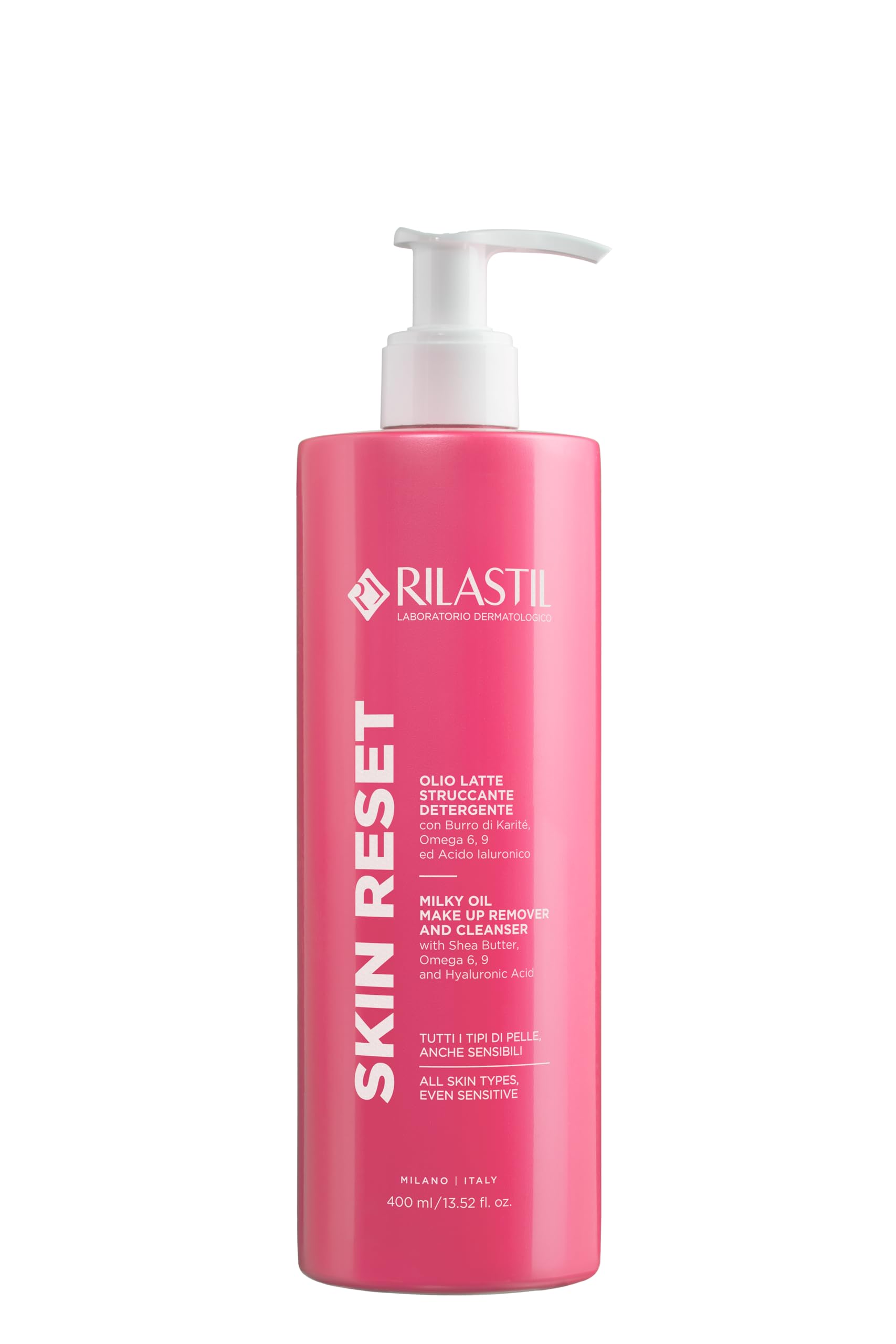 Rilastil Skin Reset Olio Latte Struccante Detergente, Nutriente, Emolliente e Lenitivo, con Burro di Karité, Omega 6-9 e Acido Ialuronico, 400 ml