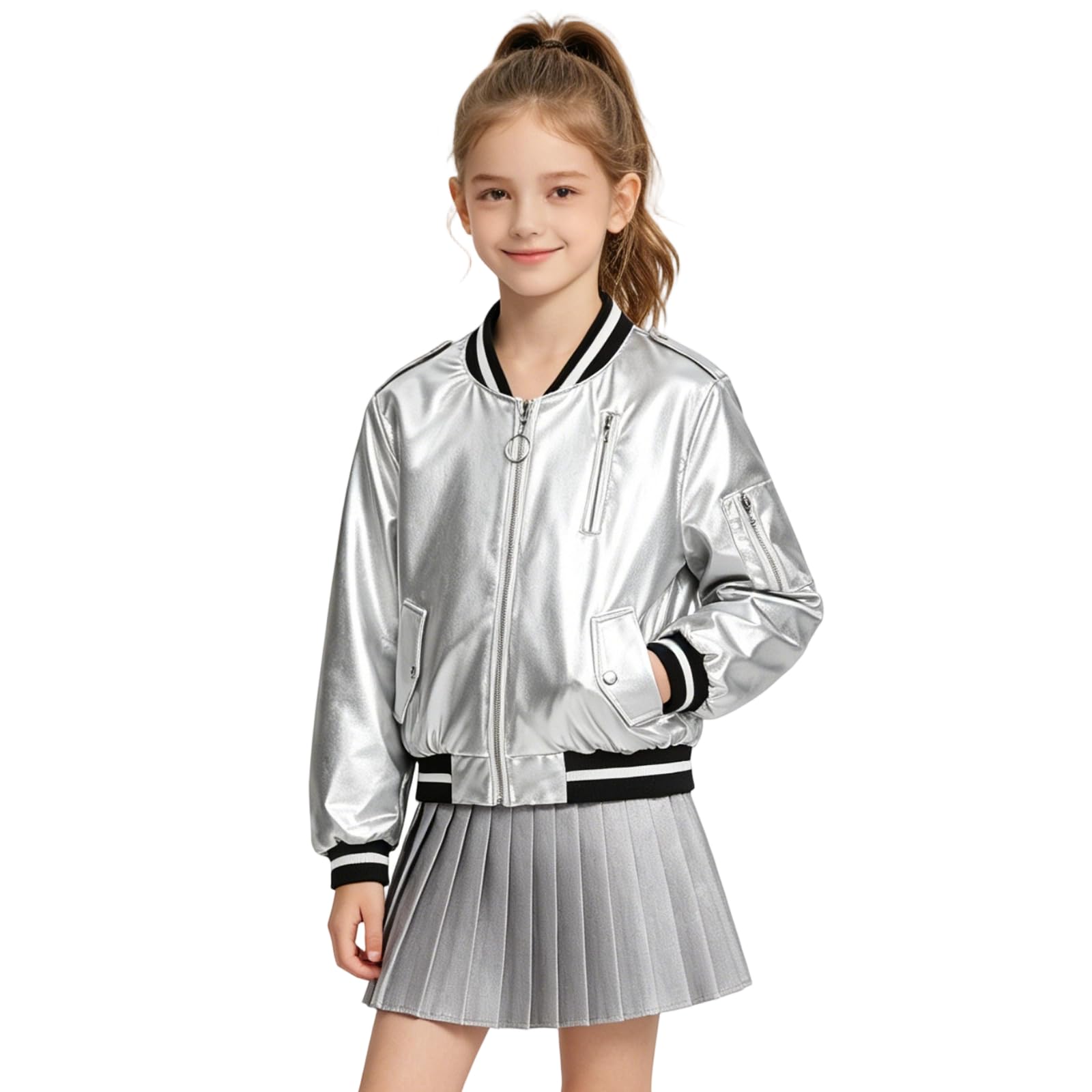 LOLANTA Giacca Bomber Metallizzata per Bambina, Leggera con Cerniera e Tasche per Carnevale e Feste 4-12 Anni