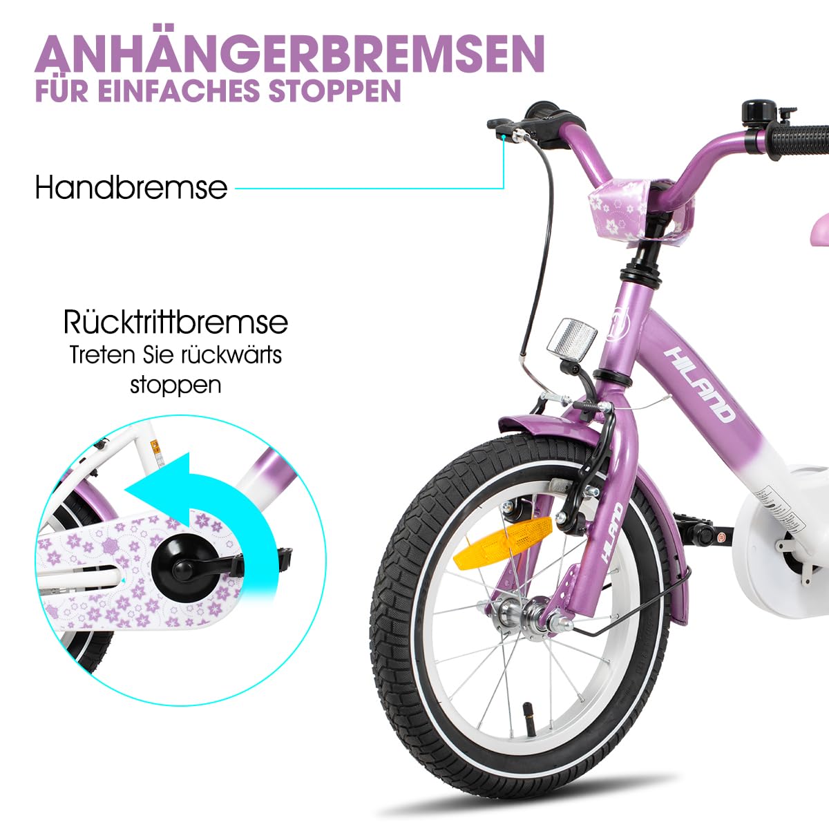 HILAND Starry 12/14/16 Zoll Kinderfahrrad, Mädchenfahrrad mit Stützrädern, Rosa/Lila Kinderfahrrad Handbremse Rücktrittbremse Gepäckträger