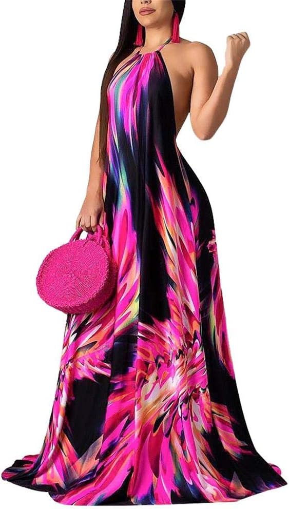 LKOUS Women's Summer Sexy Halter Floral Print Sleeveless Beach Party Loose Long Maxi Dress Purple Red