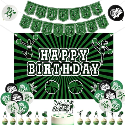 Décoration anniversaire pom-pom girl verte et noire avec ballons et toile de fond 1,5x0,9m