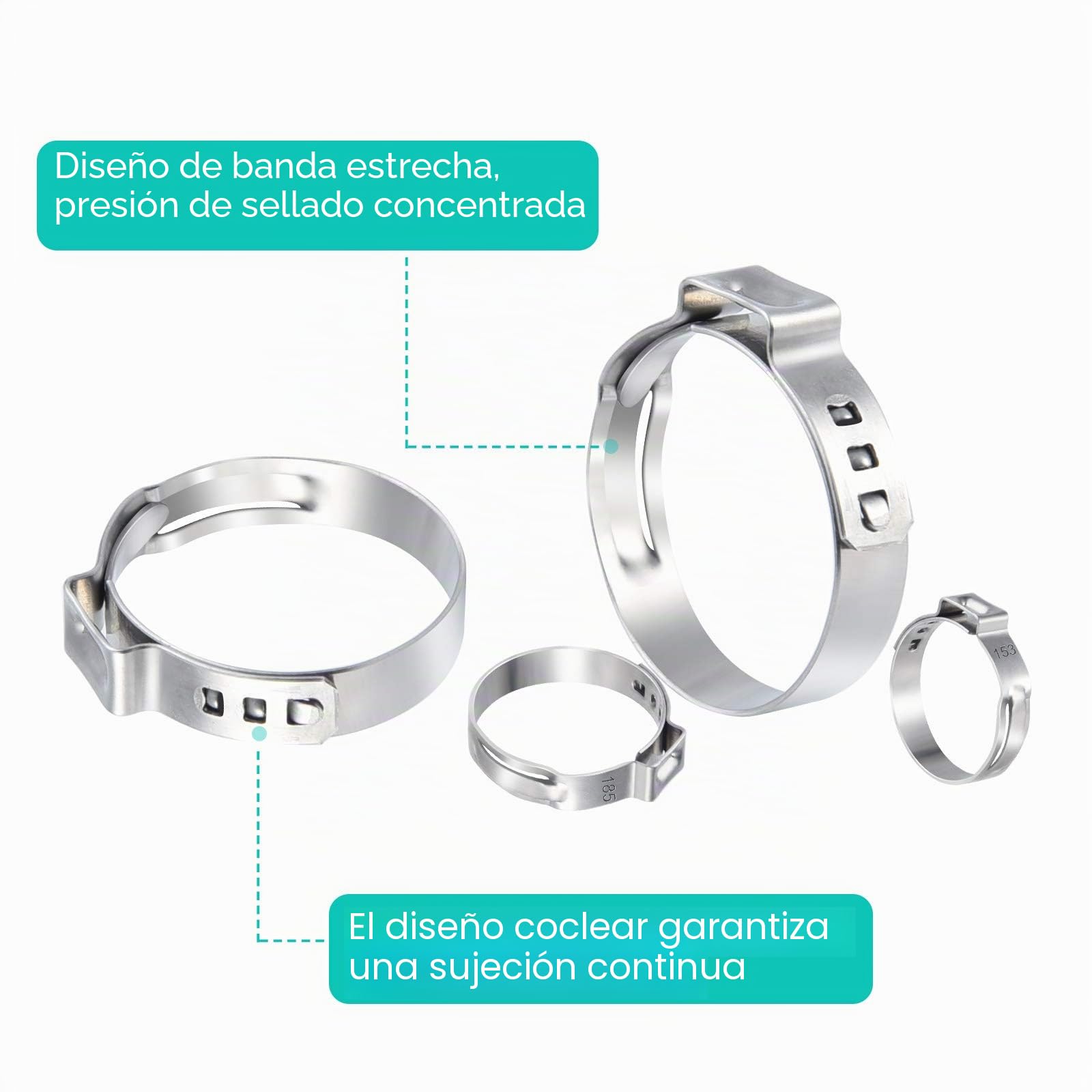 MIAHART 120Pcs Abrazaderas de manguera de oreja simple de acero inoxidable con pinza de sujeción de oreja 10 tamaños 304 Abrazadera de prensado continuo para asegurar mangueras de tubería PEX