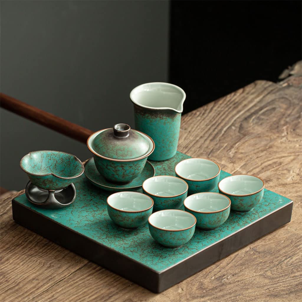DFGHNBVC Green Kiln Change Kung Fu Tea Set, Home Office Covered Bowl Teapot Retro Simple Ceramic Tea Tray,Chinese Gongfu Tea Table Serving,A