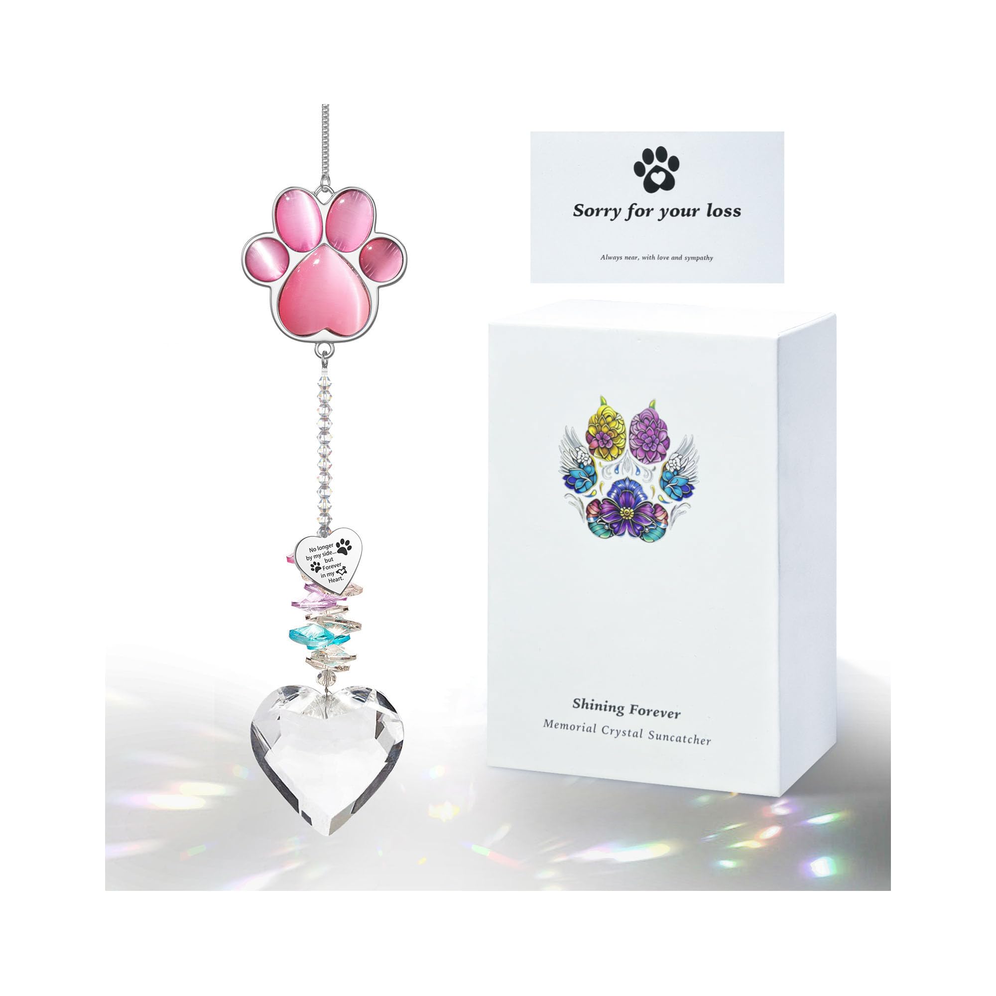 Pet Memorial Suncatcher - Dog Memorial Gifts, Pet Loss Sympathy, Thoughtful Dogs and Cats Bereavement Remembrance Gifts, Natural Cat's Eye Paw Crystal Suncatcher(Pink)