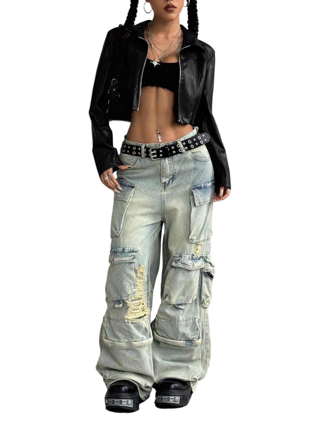 GORGLITTER Lederjacke Damen Y2k Jacke Kurz Motorradjacke Langarm Bikerjacke