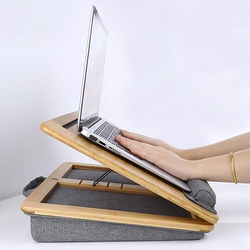 Miniatura 7 de Escritorio ajustable para laptop con cojín, soporte de bambú para laptop con tira antideslizante, soporte para teléfono y tableta, se adapta a hasta