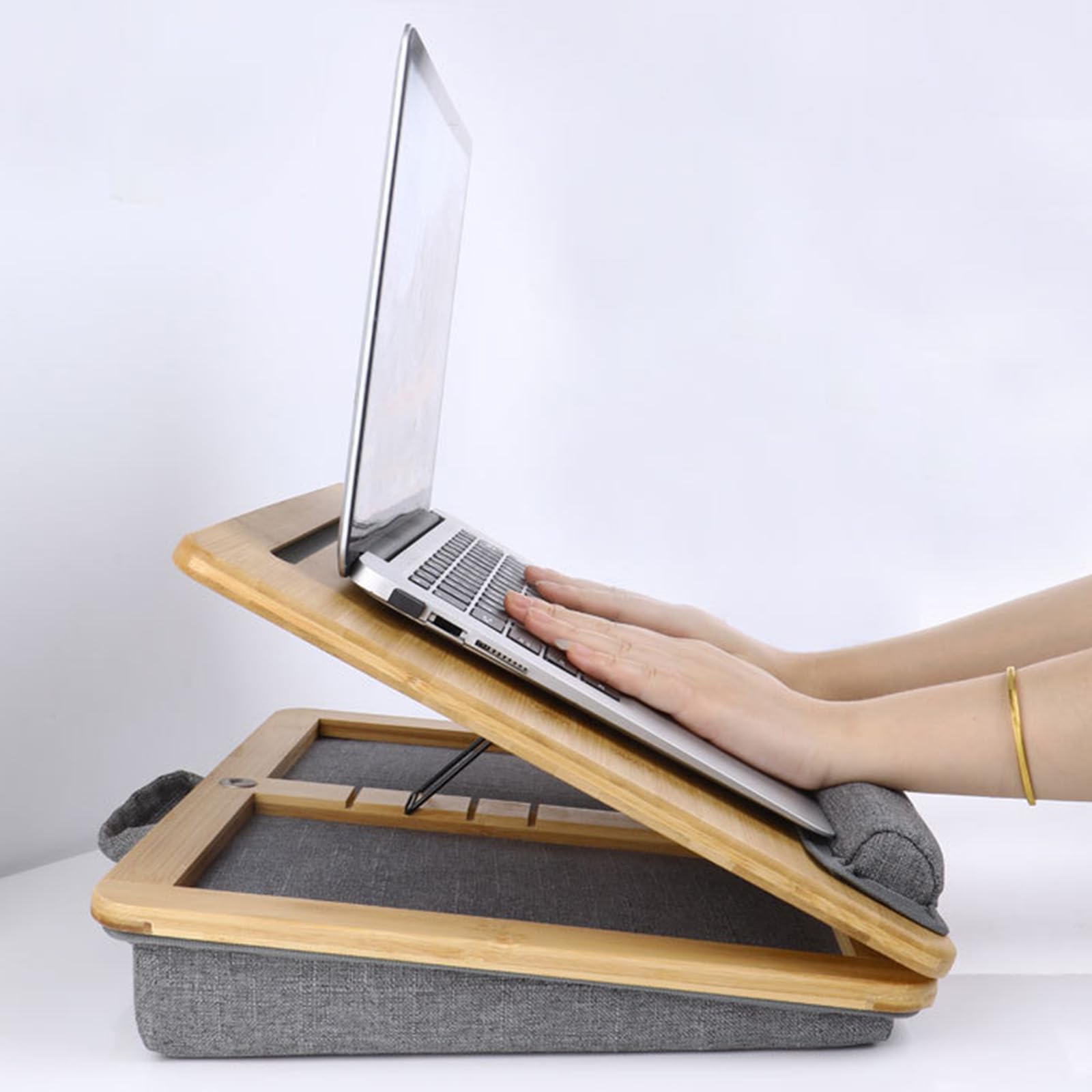 Adjustable Lap Desk for Laptop with Cushion Bamboo Laptop Stand with Anti-Slip Strip Tablet Phone Holder Fits up — view 7