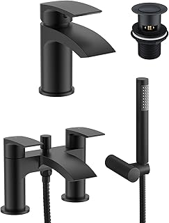 Libra Waterfall Basin Mixer and Bath Mixer Taps with Waste Matte Black