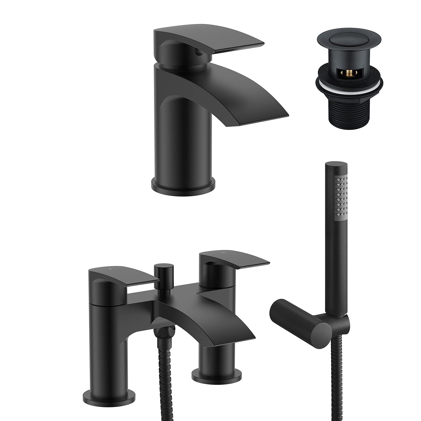Nes Home Black Libra Waterfall Basin Mixer And Bath Mixer Taps With Waste Matte