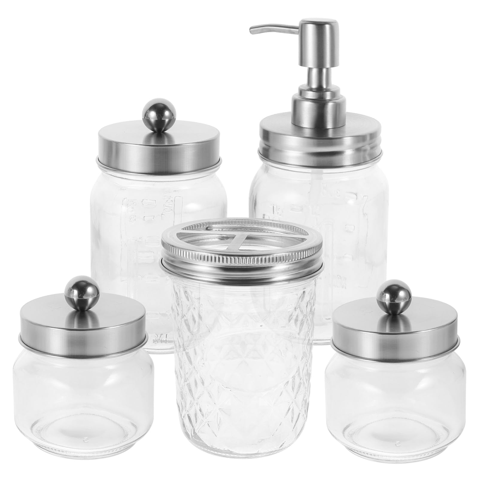 ULTECHNOVO Set Accesorios Baño 5 Piezas Dispensador de Jabón de Espuma, Soporte para Cepillos de Dientes y Tarros de Almacenamiento de Vidrio y Acero Inoxidable para Baño