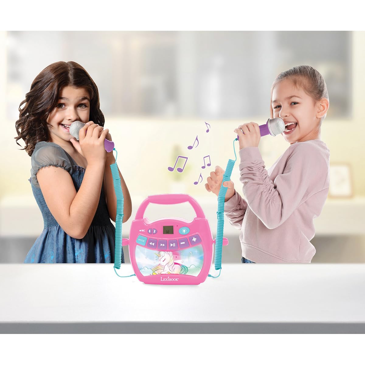 Lexibook Unicorno - Lettore Musicale Karaoke Portatile per Bambini - Microfoni, Effetti di Luce, Bluetooth, Registrazione vocale e funzioni di Modifica, batterie Ricaricabili, Rosa, MP320UNIZLXB