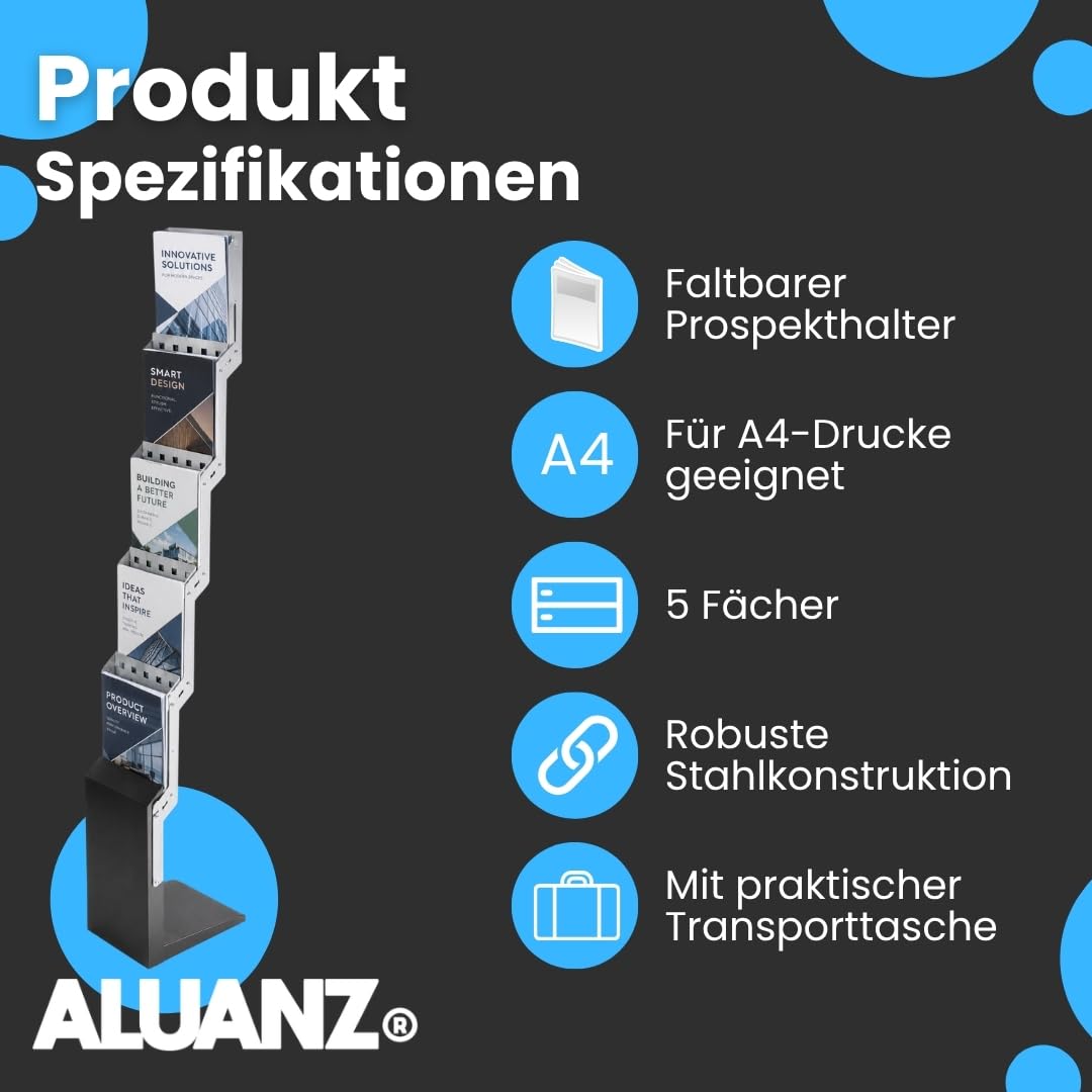 Prospektständer DIN A4 mit Transporttasche | Klappbarer Broschürenständer Metall, 5 Fächer, Prospekthalter, Folderständer, Zeitschriftenhalter für Messen, Büro, Empfang