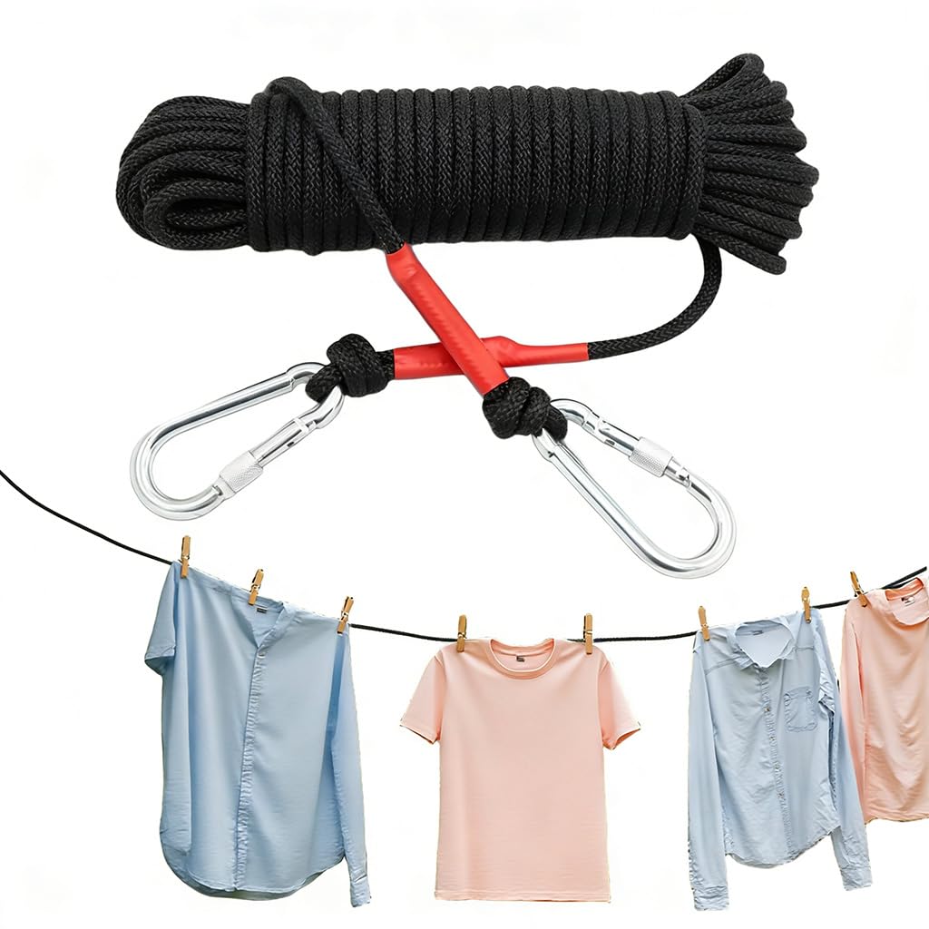 HASTHIP® 10m Clothes Drying Rope - Heavy Duty Polyester Cloth Rope for Drying Clothes with Hook 8mm Steel Core Clotheslines Wire Cloth Dry Ropes Wire, Black-picture-25