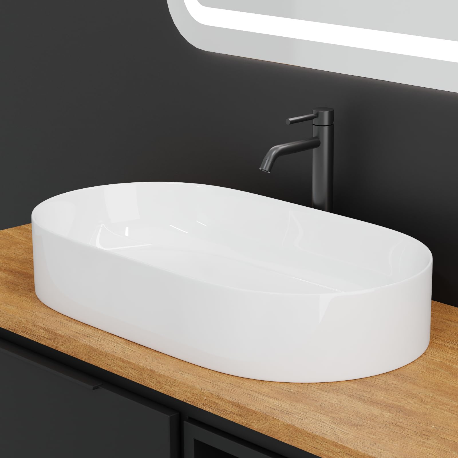 HAGO 24 | Lavabo in ceramica | Ovale 60 x 38 cm | Bianco | Bordo sottile | Lavabo da appoggio | Antigraffio | Superficie liscia | Attacco standard