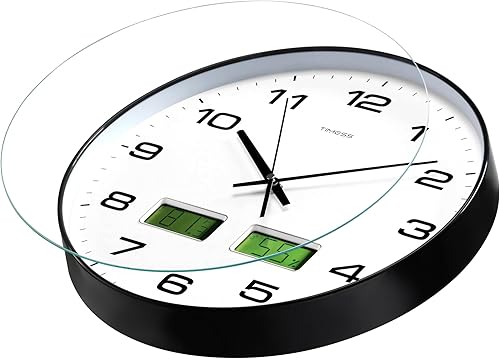 Miniatura 4 de Reloj de pared, esfera grande de 14 pulgadas, silencioso, funciona con pilas, analógico con pantalla LCD dual para temperatura y humedad