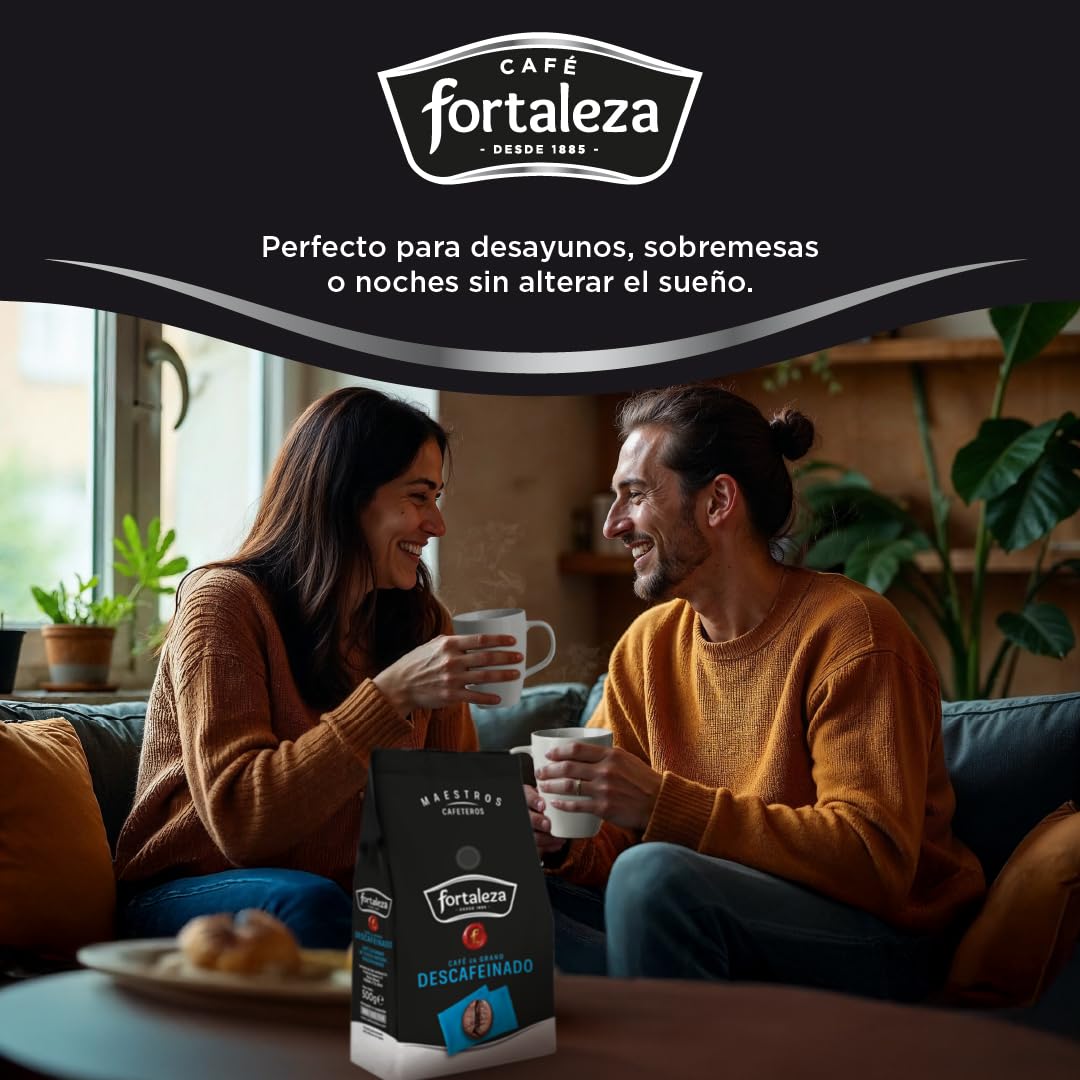 CAFÉ FORTALEZA Café en Grano Natural Descafeinado Pack 6x500g (3Kg) Compatible con Cafeteras Espresso y Superautomáticas - Café Grano Descafeinado Suave Con Variedad Arábica y Robusta
