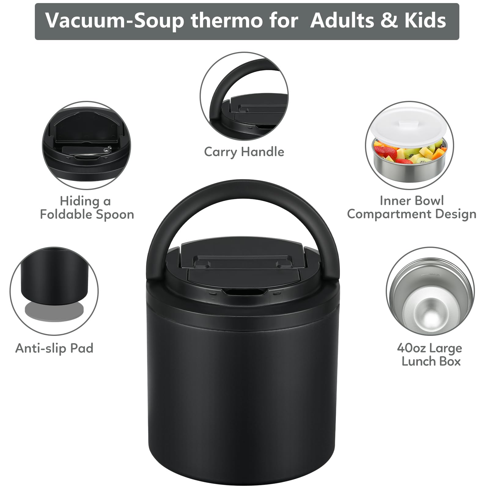 Suppen-Thermobehälter für heiße Speisen, Erwachsene, 1,2 l, breit, thermoisolierte Behälter, auslaufsicher, Vakuum-Edelstahl, mit Tragegriff und Löffel, BPA-frei (schwarz)