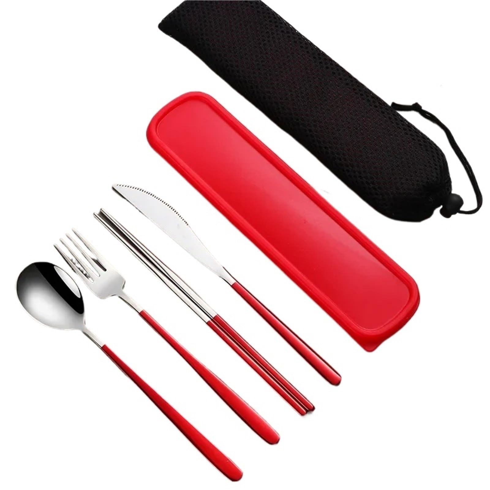 Juego de Cubiertos Juego de vajilla acero inoxidable, cubiertos portátiles, cuchillo, tenedor, cuchara, palillos(Silver-darkgreen)