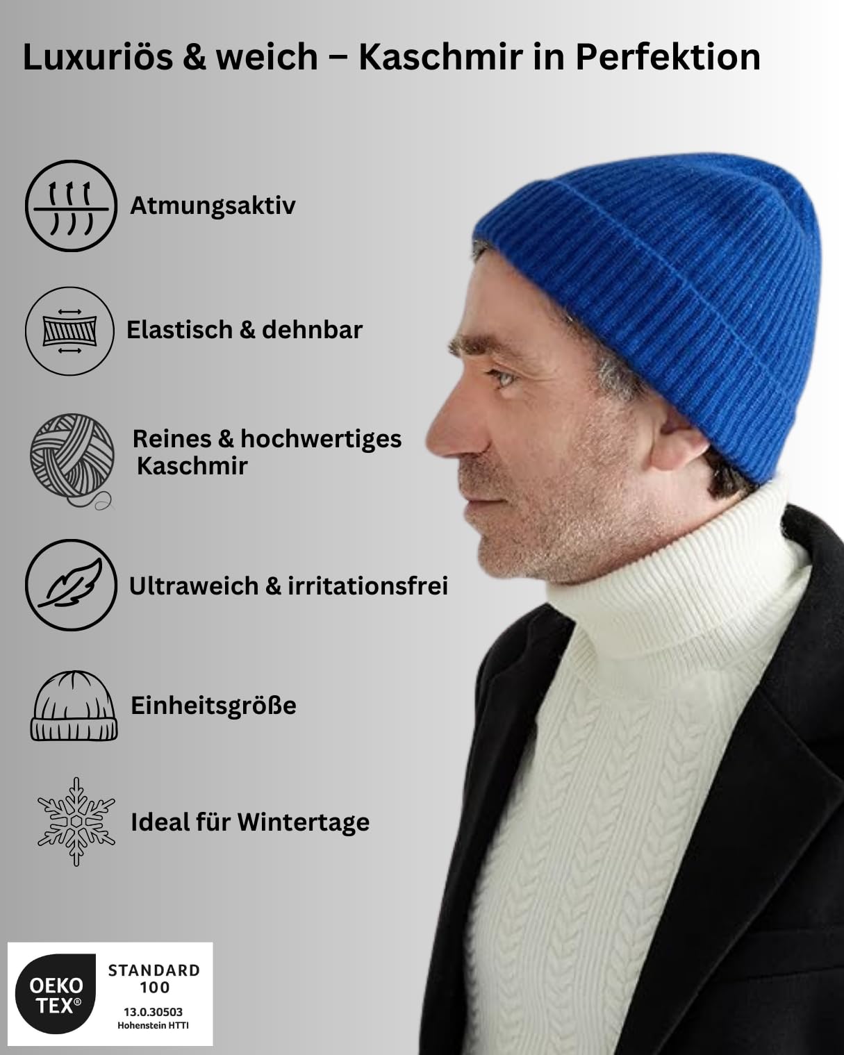 Style & Republic Męska klasyczna kaszmirowa czapka beanie ze struktury żebrowanej ze 100% kaszmiru, czapka z dzianiny premium o obwodzie 52 cm, idealna na zimne dni, rozmiar uniwersalny