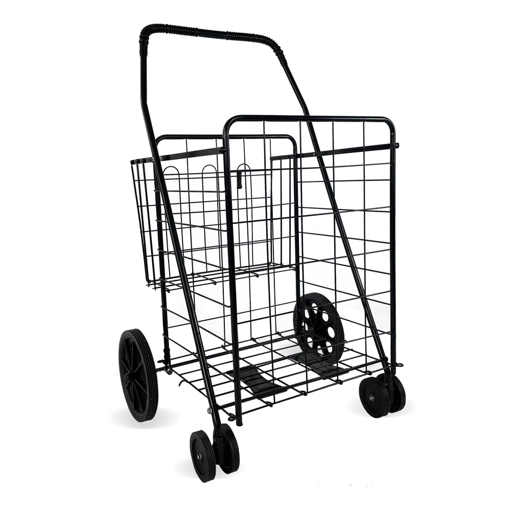 Roll-Motion Folding Shopping Cart, Heavy Duty Grocery Utility Cart with 360-Degree Wheels & Large Wheels, Versatile Rolling Cart with 38 Gal Metal Basket for Warehouse, Supermarket (Classics)