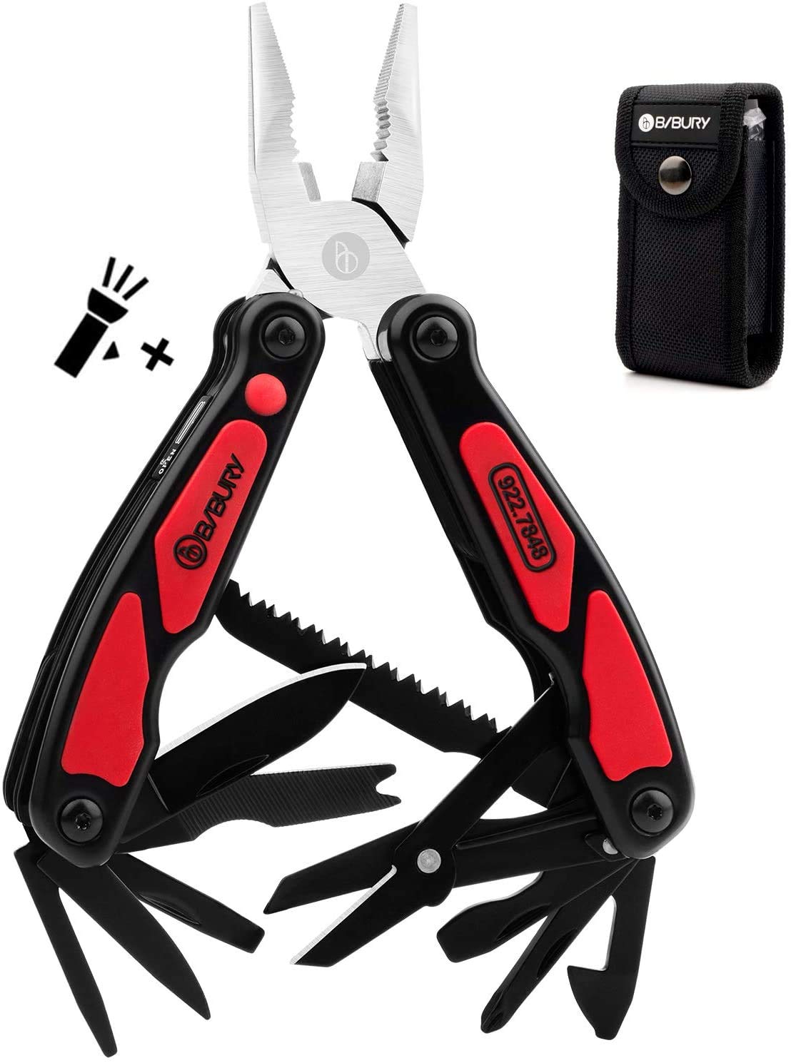 BIBURY Multitools, 14 en 1 Pince Multifonctions avec Lampe de Poche LED, Outil de Poche en Acier inoxydable,Multifonctions Coute