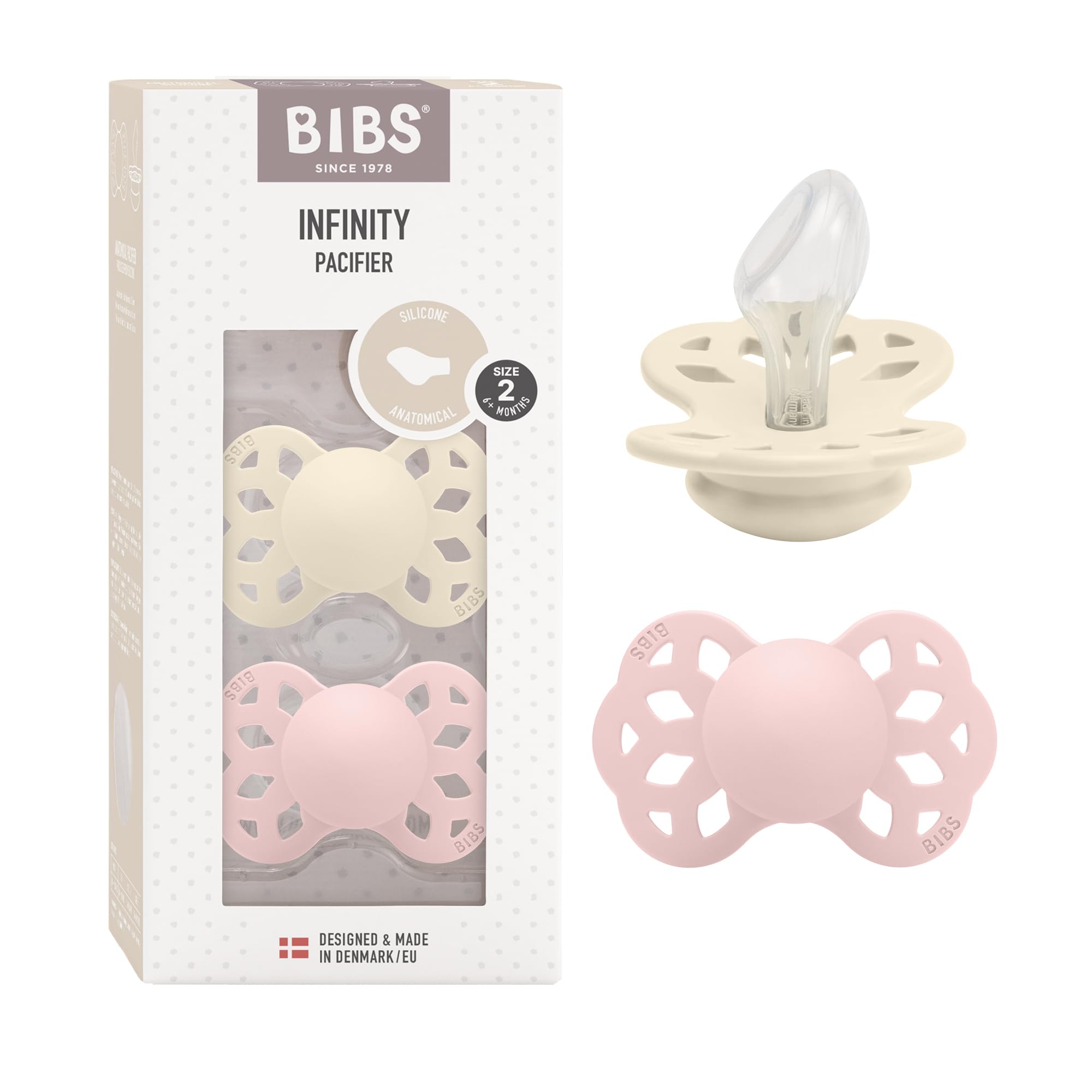 BIBS Infinity Anatomical Soother 2-Pack, BPA Free, Orthodontic Silicone Nipple, Symmetrical Nipple. Silicone, Made in Denmark, Size 2 (6-18 Months), Ivory/Blossom