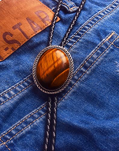 Image of Moranse Bolo Tie with Natural Tiger Eye Stone Celtic Style Genuine and Cowhide Rope