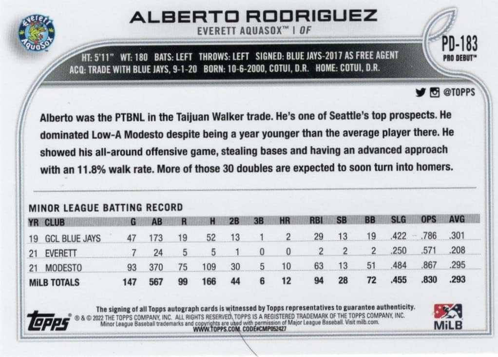 Alberto Rodriguez Autographed Minor League Collectible Baseball Card - 2022 Topps Pro Debut Baseball Card #PD-183 (Mariners) Free Shipping