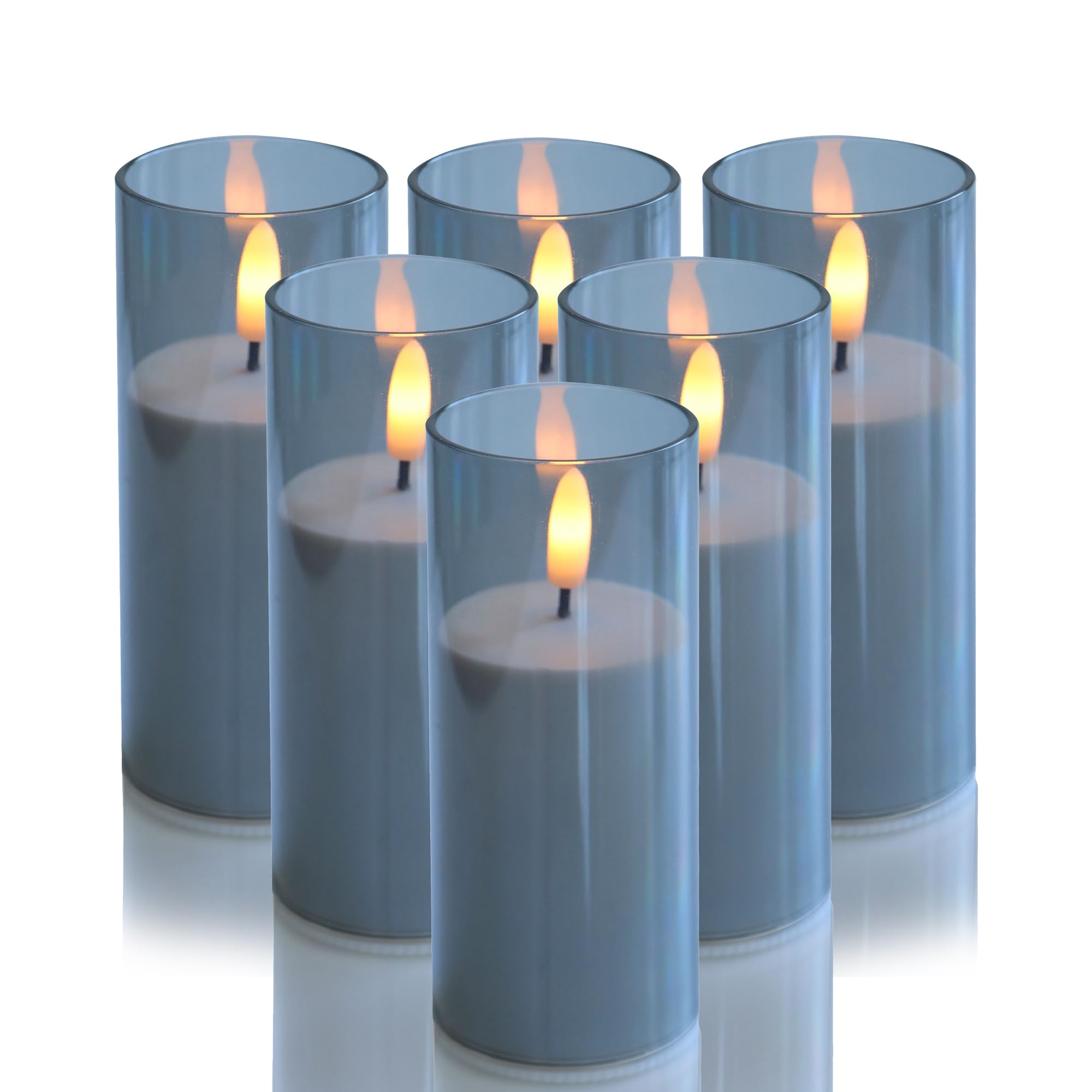 CANDLE CHOICE Indoor Outdoor Flameless Candles with Timer Waterproof Realistic Flickering Battery Operated Pillar LED Lights with Acrylic Shell Wedding Party Christmas Decorations 6 Pack 2”x5” Grey
