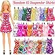 64pcs Puppenkleidungs und Zubehörset, 1 Langes Kleid, 2 Winterkleider, 10 Hosenträgerröcke, 1 Mantel, 2 Oberteile Hosen, 10 Schuhe, 10 Kleiderbügel, 28 Puppenzubehörteile für 11,5 Zoll Puppen