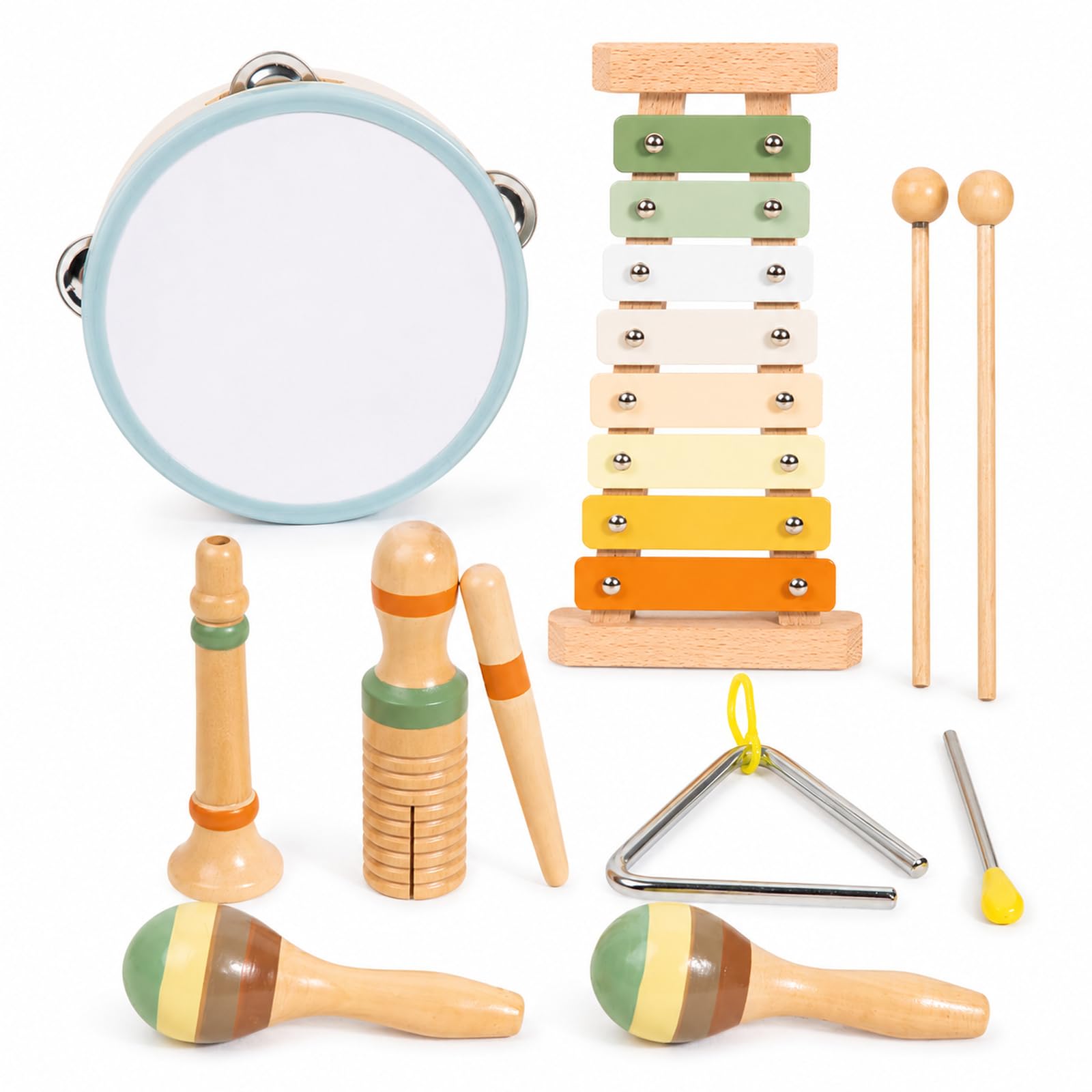 Instrumenty muzyczne dla dzieci od 3 lat – drewniany zestaw instrumentów Montessori 12 elementów, ksylofon, tamburyn, marakasy, trójkąt, zabawki rytmiczne dla dzieci