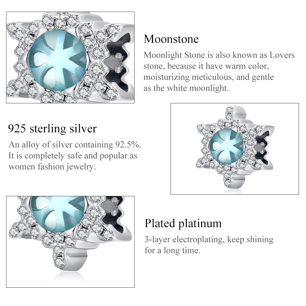 Bracciale da Donna con ciondoli a Forma di Fiocco di Neve in Pietra di Luna in Argento Sterling 925 con Perline a Cuore