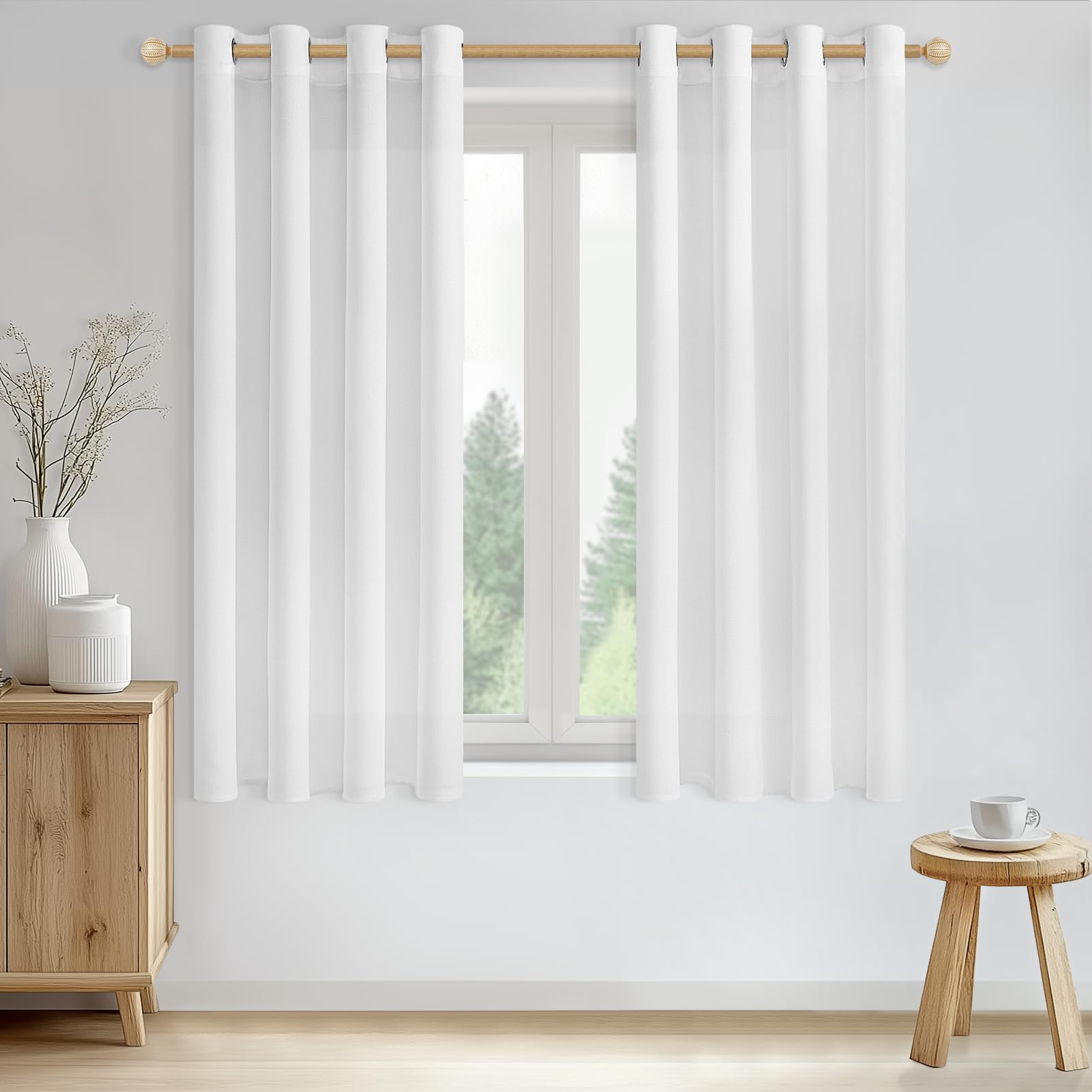 CUTEWIND Curtains for Indoor Windows Bedroom White Short Curtain Indoor Semi-Transparent Linen with Eyelets for Kitchen Living Room Children's Bedroom, 140 x 175 cm, 2 Pieces