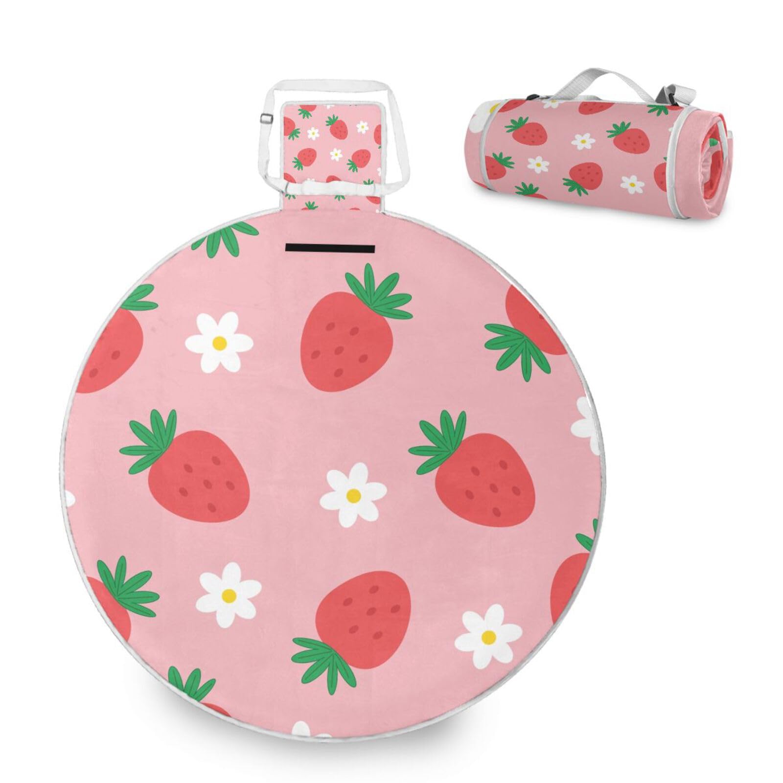 Mnsruu Large Picnic Blanket Strawberry Flower Waterproof Round Picnic Mat Portable Rug Outdoor for Beach Camping Park Travel, 148cm
