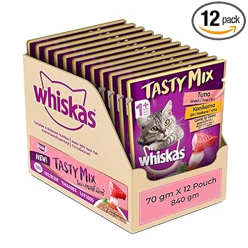 Whiskas Tasty Mix, Adult (1+ Years) Wet Cat Food with Real Fish, Tuna with Kanikama and Carrot in Gravy Flavour, 24 x 70 g Pouches