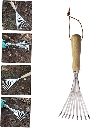 Miniatura 4 de T Tool - Rastrillo de acero inoxidable de nueve rastrillo de alta resistencia, rastrillo de mano para césped pequeño, rastrillo de hojas pequeñas,