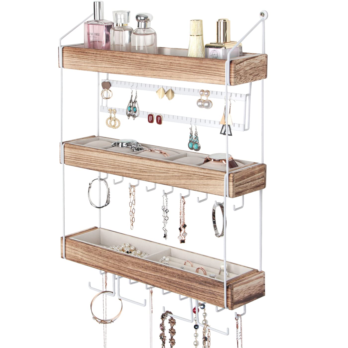 J JACKCUBE DESIGN Wall Mounted 3 Tier Wooden Jewelry Organizer Rack with Accessories Storage Shelf and 18 Metal Earring, Necklace Hooks- MK907A