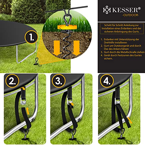 KESSER® 4 Bodenanker Erdanker 9-teiliges Set Befestigung für Trampolin, Schaukel, Pavillon, Partyzelt, Gartenhaus, Schaukel, Zelt, aus 1cm Ø Edelstahl Zum Eindrehen, + 4 Gurte + Drehhilfe