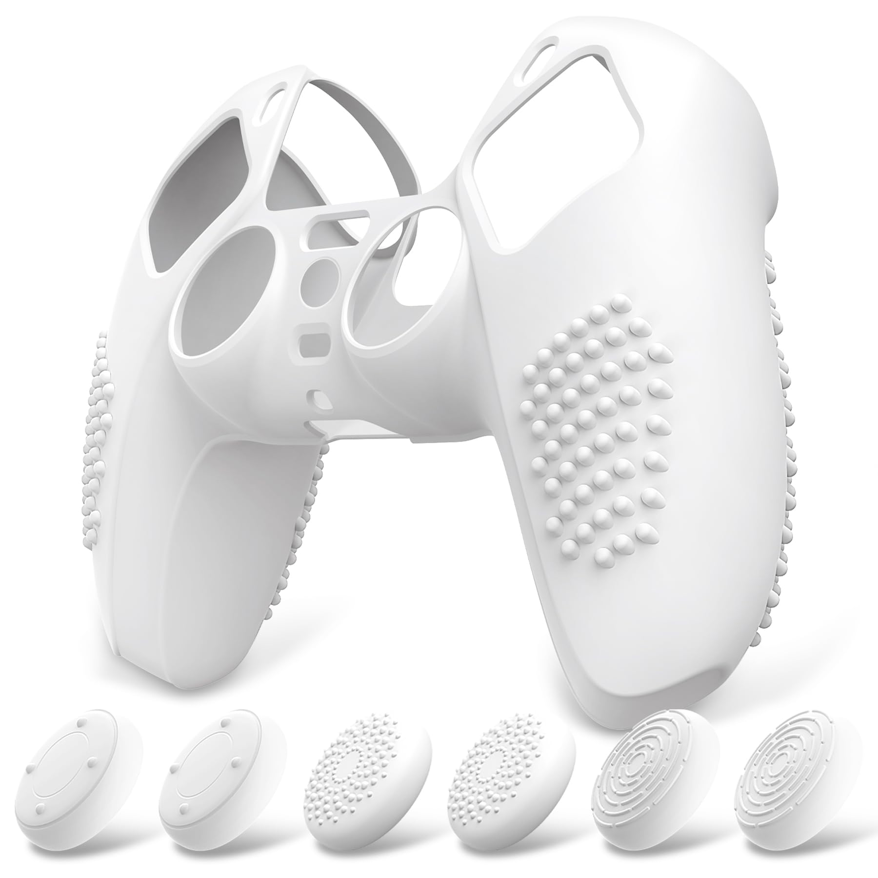 eXtremeRate PlayVital Funda de Silicona para ps5 Mando - Carcasa Protectora con 6 Tapas de Joysticks, Impermeable, Resistente y Antideslizante, Funda de Goma Suave para ps5, 3D Tachonado (Blanco)