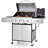 Sophia & William 4-Burner Propane Gas BBQ Grill with Side Burner and Porcelain-Enameled Cast Iron Grates, Stainless Steel Barbecue Grills Outdoor Cooking, Silver Cabinet Style, 42,000BTU