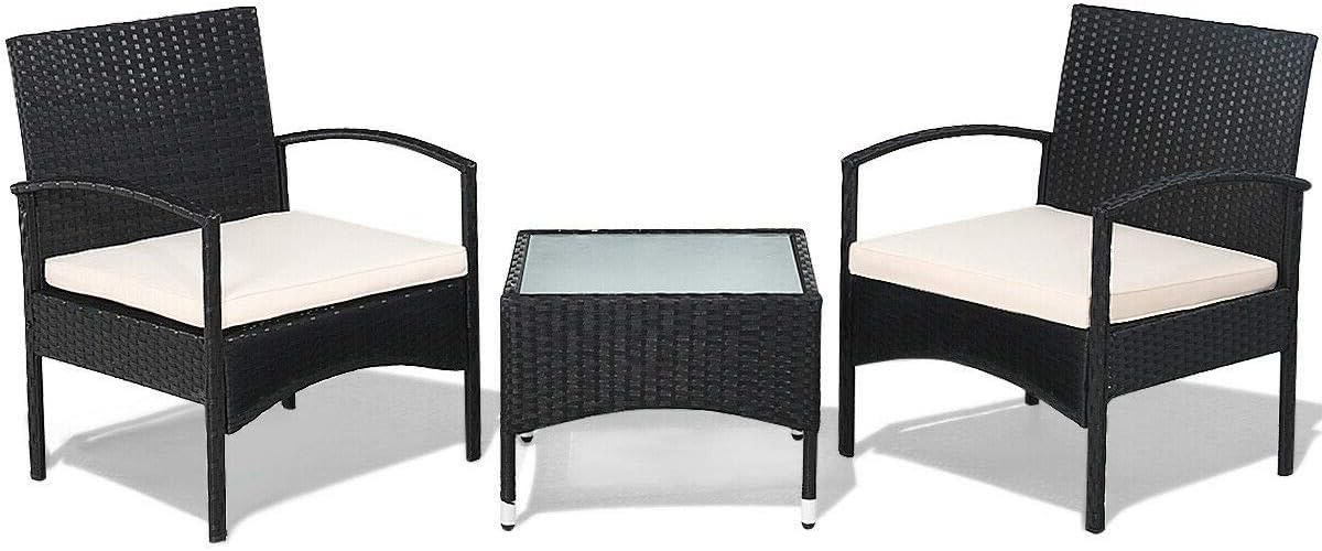 Juego de 3 muebles de mimbre para patio, sofá de ratán al aire libre y mesa de centro de cristal, juego de mesa de mimbre bistró con cojín suave para patio, jardín, césped, patio trasero junto a la piscina