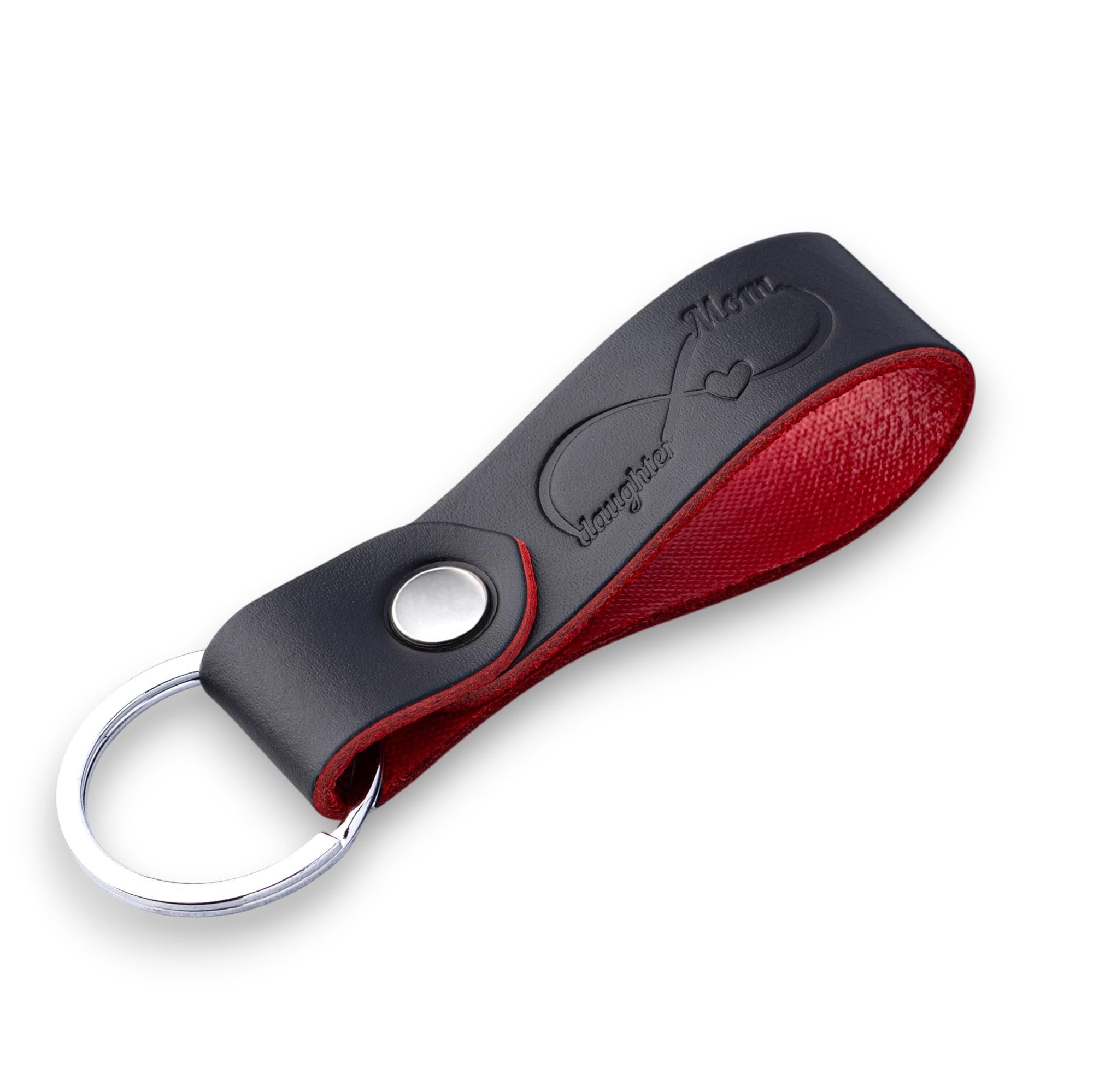 MAGOR Full Grain Leather Keyring, Elegant Black Key Ring with Red Interior, Car and Home Keychain, Hot Embossed Design, Personalised Premium Gift for Him or Her (Infinity Mom Daughter)