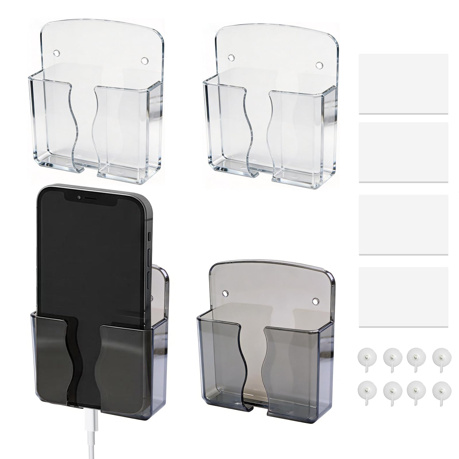 Paquete de 4 soportes para teléfono montados en la pared, soporte de plástico autoadhesivo para teléfono con agujero de recepción de cable de datos, organizador individual para teléfono