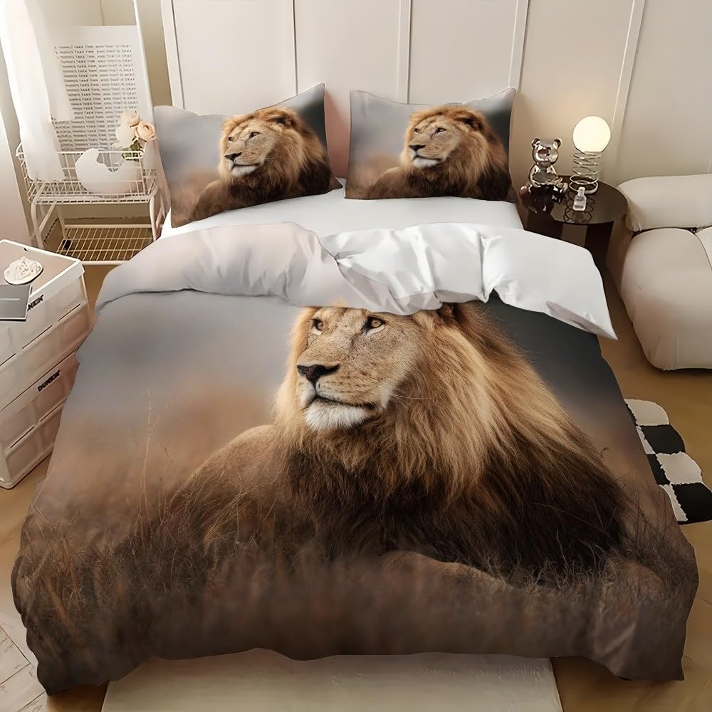 Parure de lit lion 90x190 avec 2 taies d'oreillers gris pour lit 1 personne
