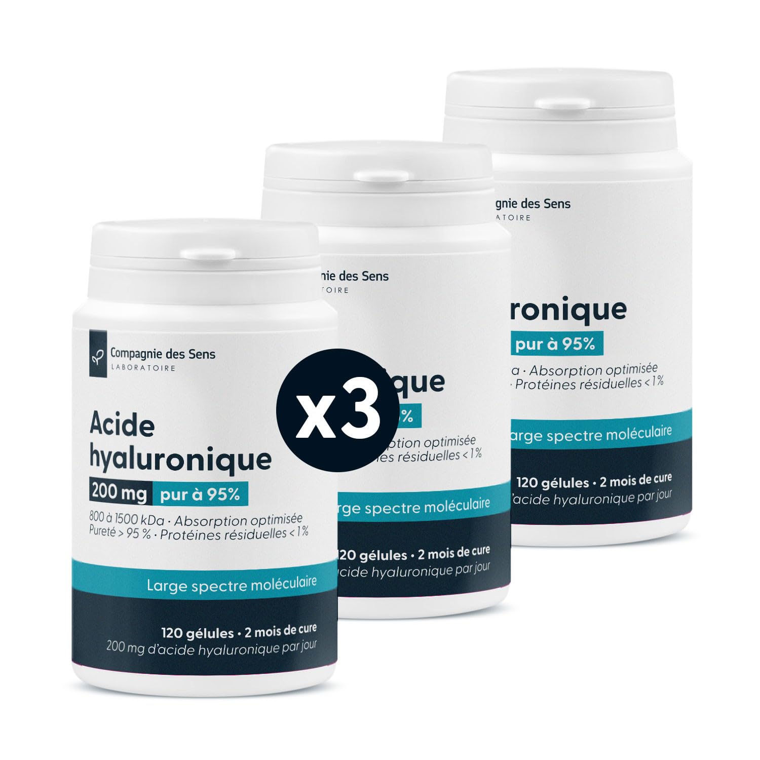 La Compagnie des Sens - Acide Hyaluronique Haut Poids Moléculaire 200 mg/jour - Pureté 95% Min, Vegan - 360 gélules (6 mois) - Fabriqué en France