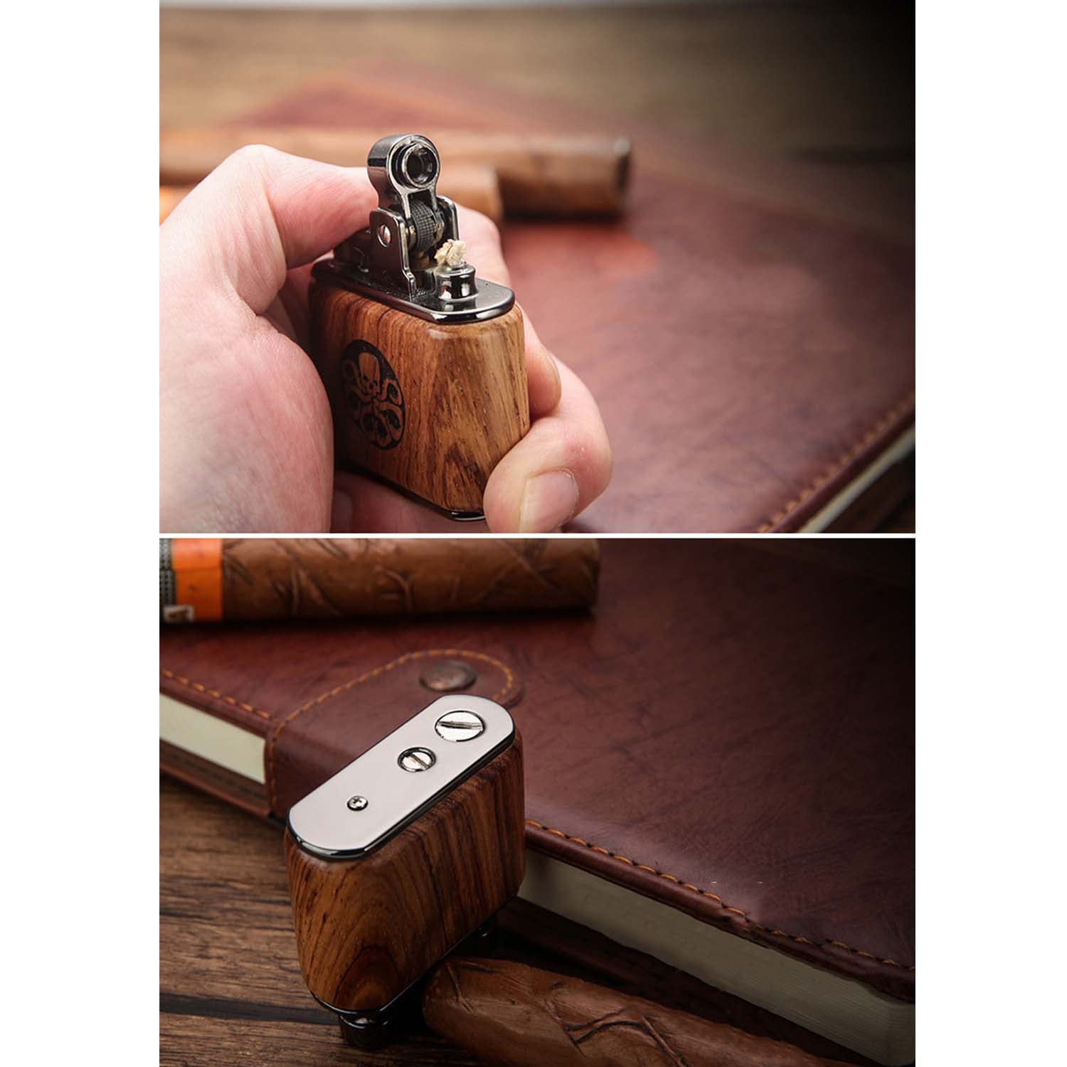 Briquet à Kérosène Rétro Personnalité Nostalgique Artisanat en Rondins Gravure Laser Appuyez pour Tirer Briquet à l'huile pour Homme Papa Mari (Carburant Non Inclus)