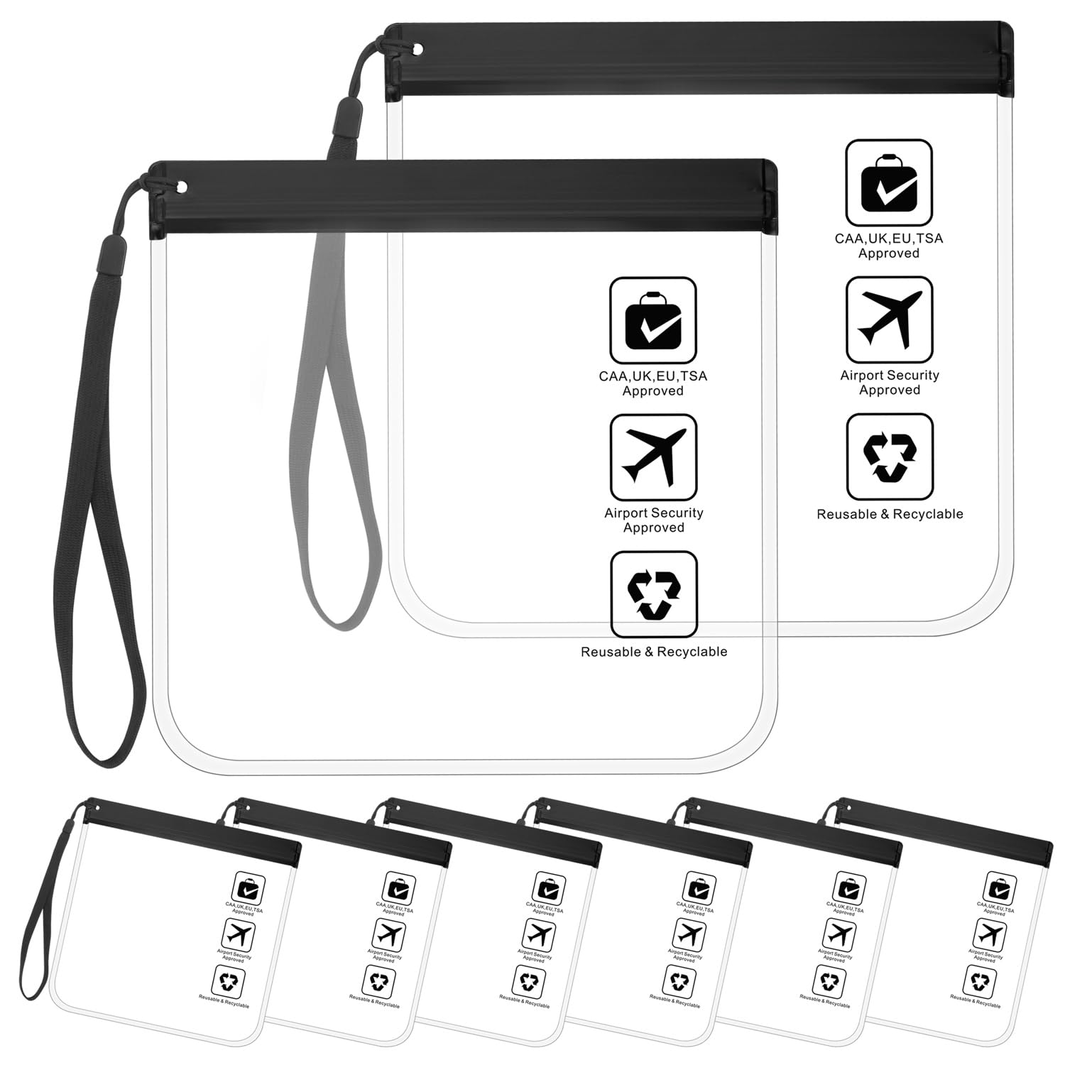 Guscase 6 Stück 1 Liter Beutel Flugzeug Handgepäck, TSA-geprüft Zugelassener Durchsichtiger Wasserdichter und Auslaufsicher, Reisebeutel Flugzeug, Transparent Kulturtasche,20x20cm Schwarz mit Griff
